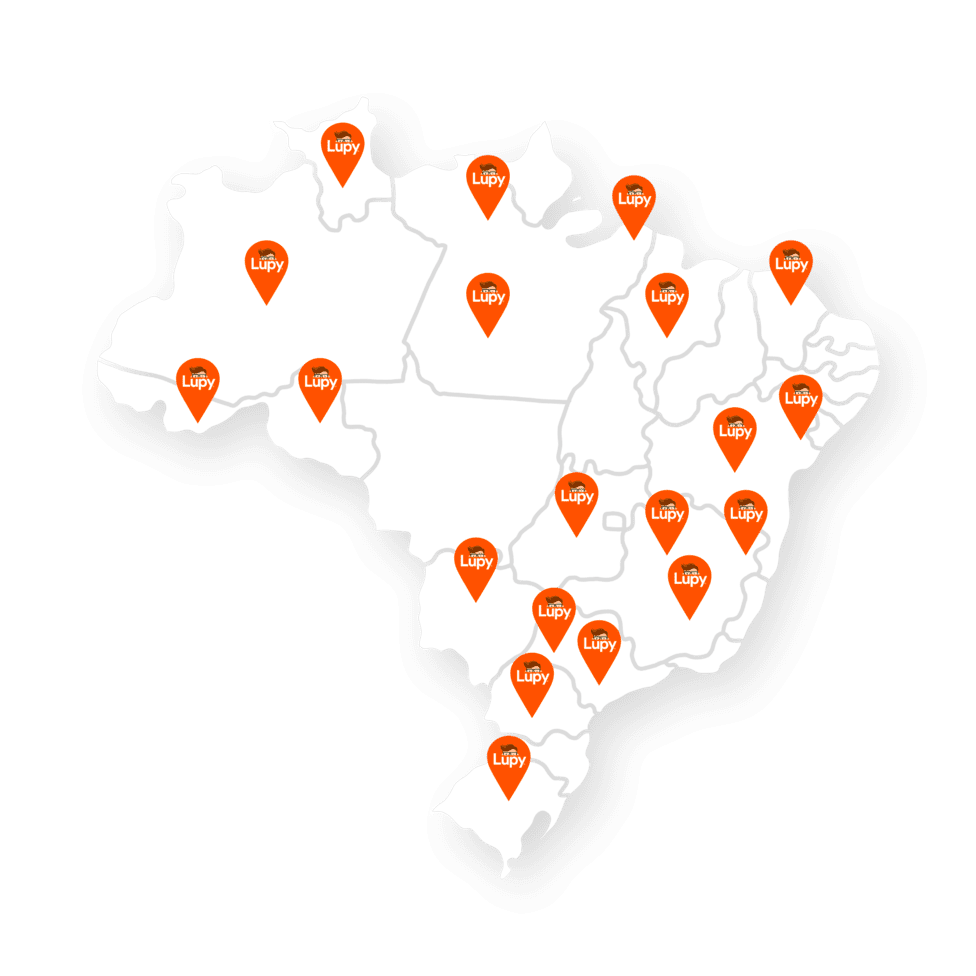 Mapa do Brasil exibindo marcações da Assessoria de Marketing Lupy em várias regiões. As marcações são representadas por ícones de localização vermelhos com o logo da Lupy em branco. O mapa destaca a presença da Lupy em diversos estados brasileiros, incluindo as regiões Norte, Nordeste, Centro-Oeste, Sudeste e Sul, sugerindo uma cobertura nacional ampla dos serviços de assessoria de marketing oferecidos pela empresa. O design é simples e claro, com o fundo cinza claro e os estados delineados em linhas finas, facilitando a visualização das localizações específicas da Lupy.